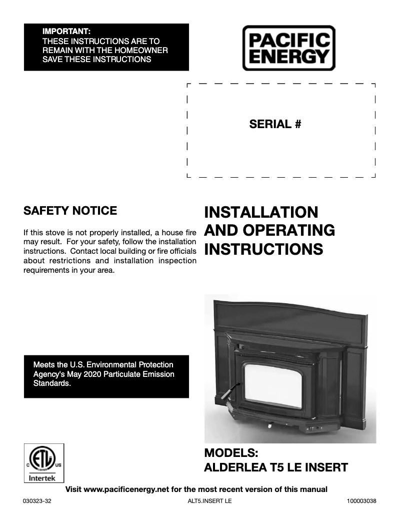 Page n°1 - Manuel utilisateur Pacific Energy Alderlea T5 Insert LE