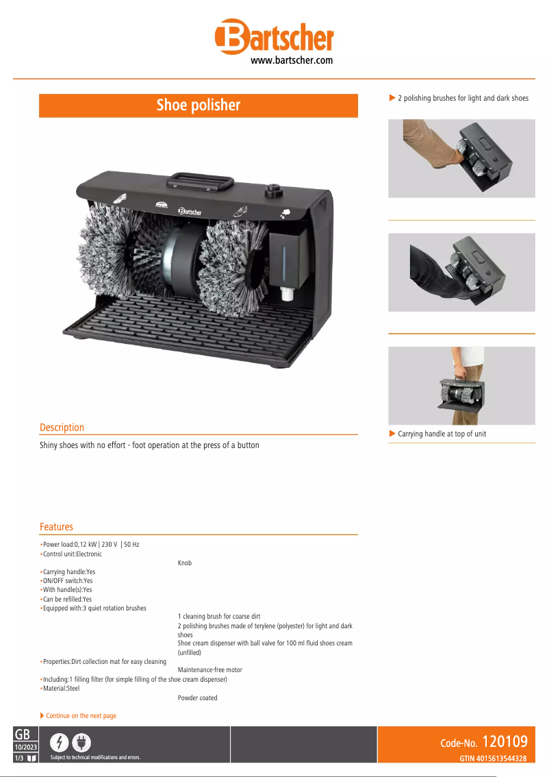 Page 1 de la notice Fiche technique Bartscher 120109