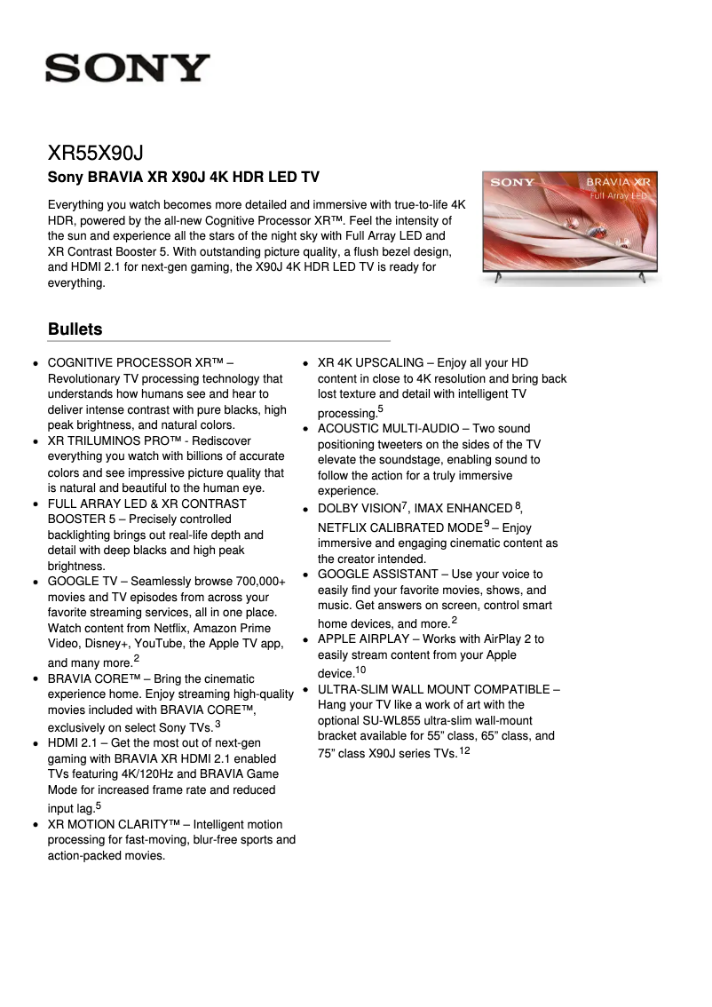 Page 1 de la notice Fiche technique Sony Bravia XR-55X90J