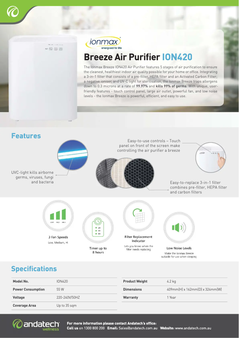 Image de la première page du manuel de l'appareil Breeze ION420