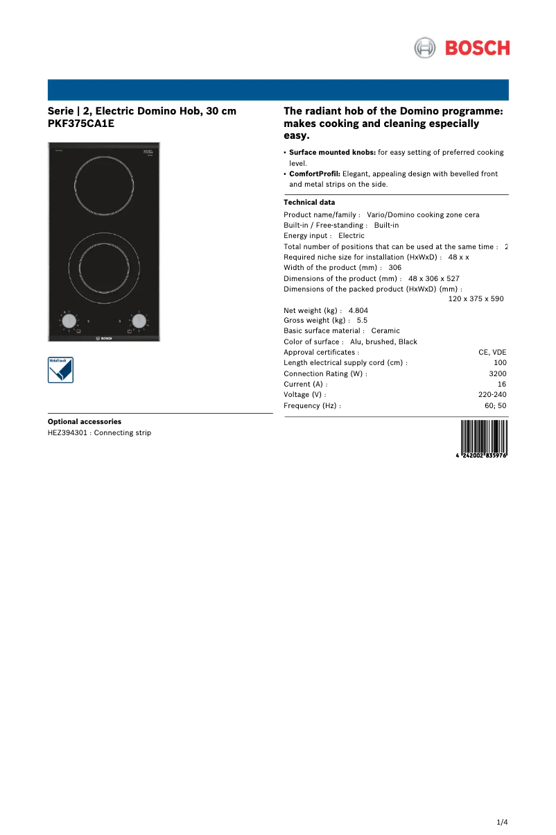 Page 1 de la notice Fiche technique Bosch PKF375CA1E