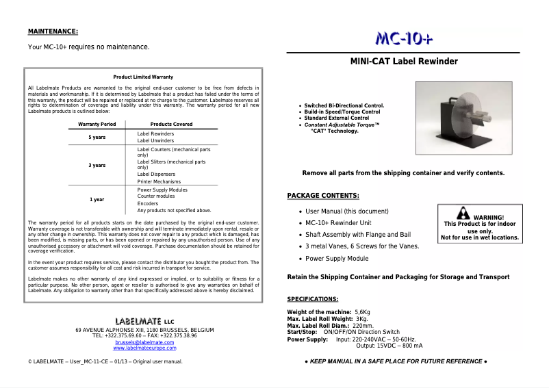 Page 1 de la notice Manuel utilisateur Labelmate MC-10+
