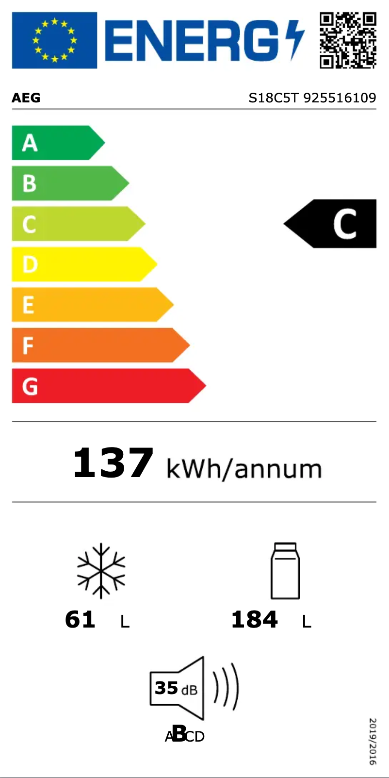 Page 1 de la notice Label énergétique AEG S18C5T
