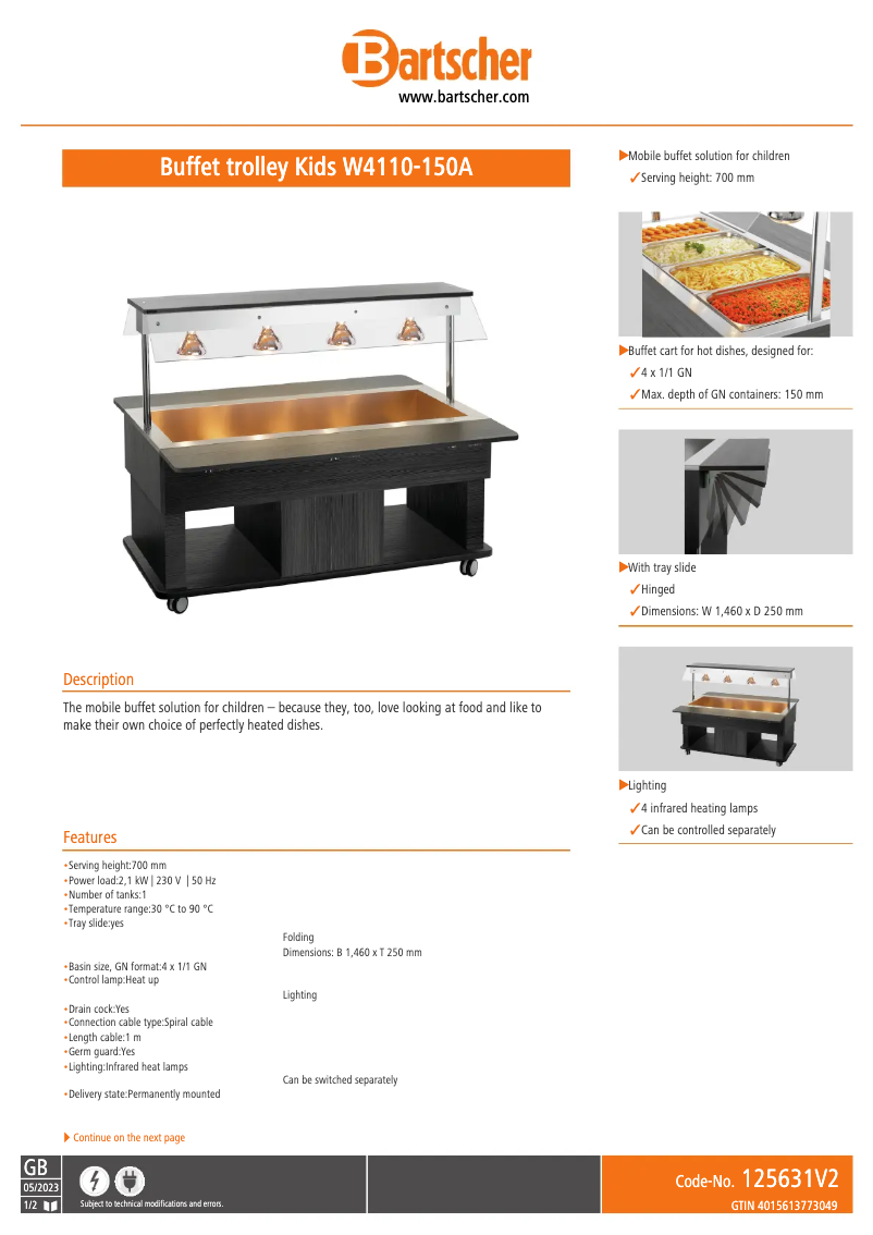 Page 1 de la notice Fiche technique Bartscher W4110-150A