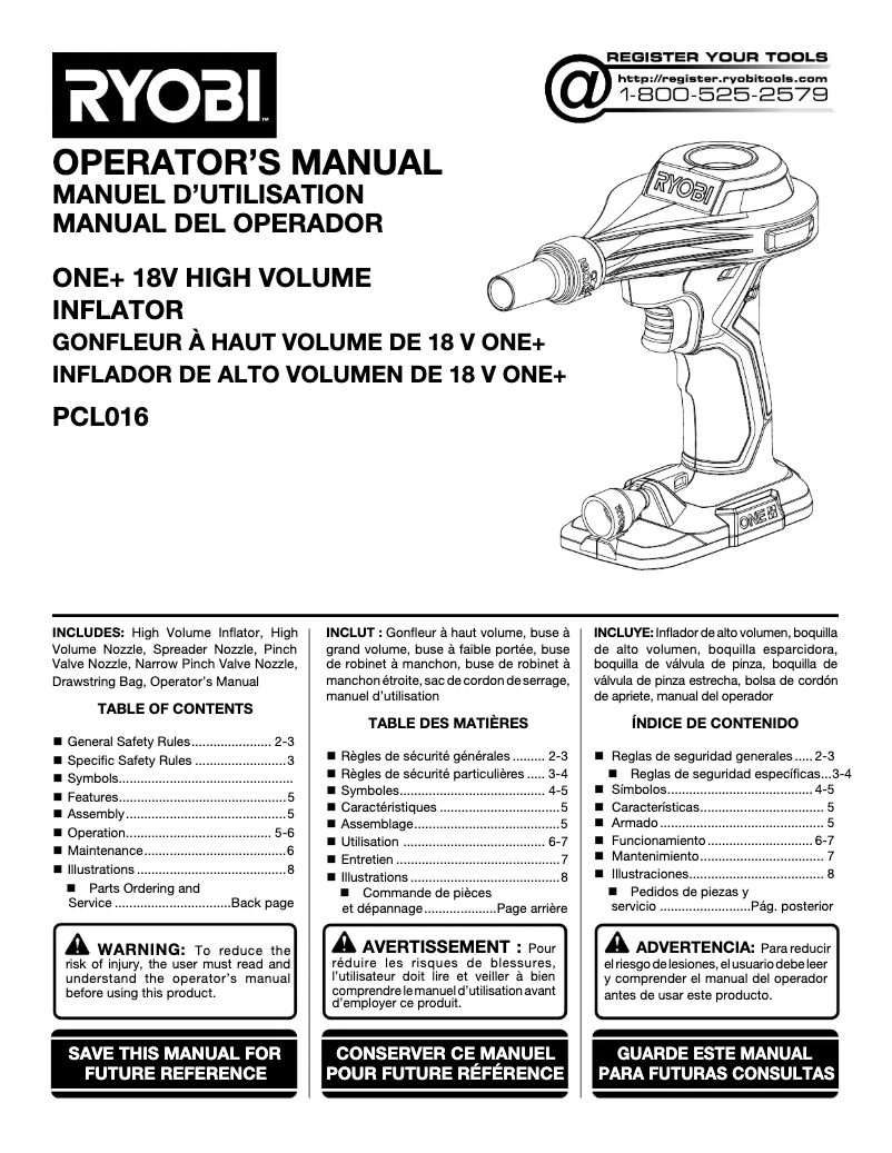 Page 1 de la notice Manuel utilisateur RYOBI One+ PCL016