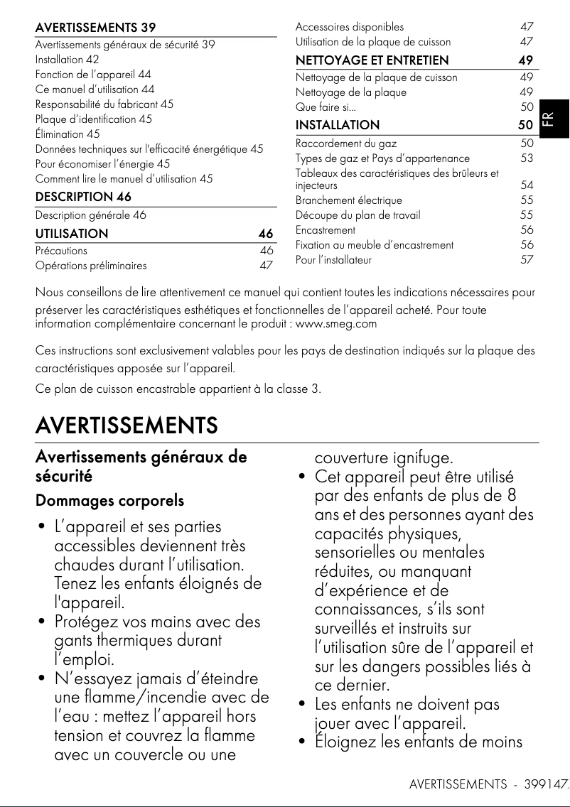 Page 1 de la notice Manuel utilisateur Smeg PV163B3