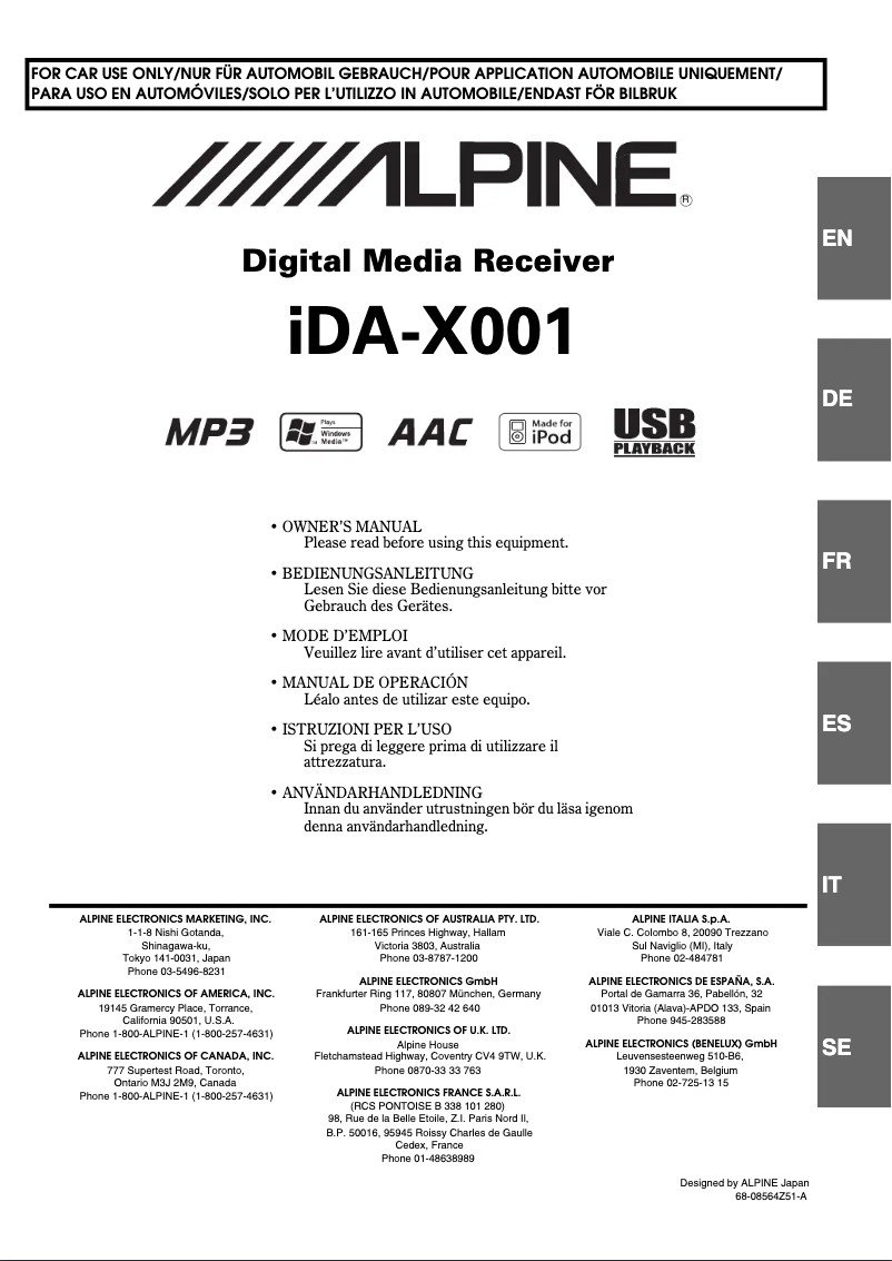 Page 1 de la notice Manuel utilisateur Alpine iDA-X001