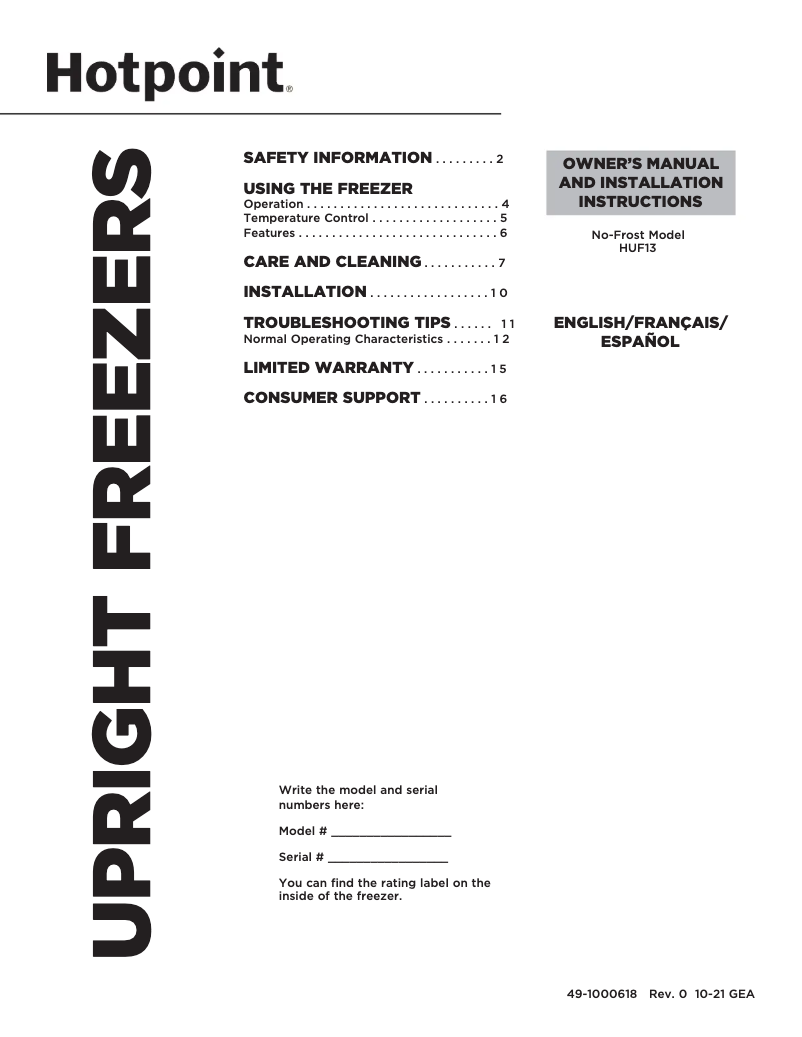 Page n°1 - Manuel d'utilisation et d'entretien Hotpoint HUF13STRWW