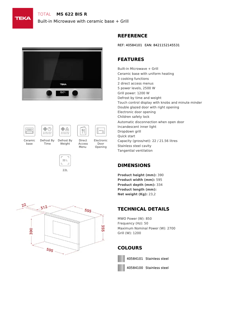 Page 1 de la notice Fiche technique Teka MS 622 BIS