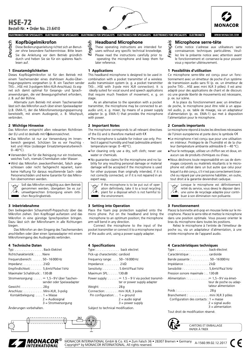 Page n°1 - Manuel utilisateur Monacor HSE-72