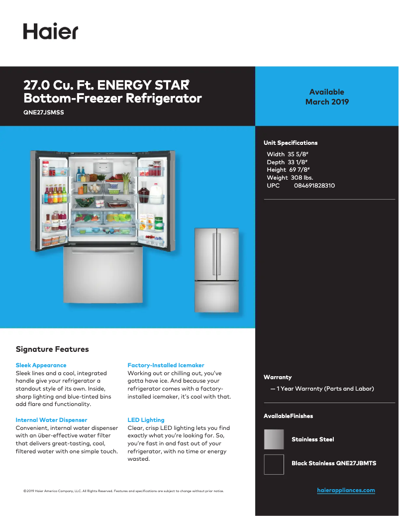 Page n°1 - Fiche technique Haier QNE27JBMTS