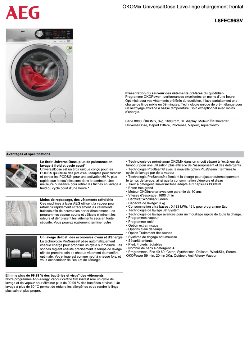 Page 1 de la notice Fiche technique AEG L8FEC96SV