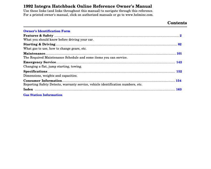 Page 1 de la notice Manuel utilisateur Acura Integra (1992)