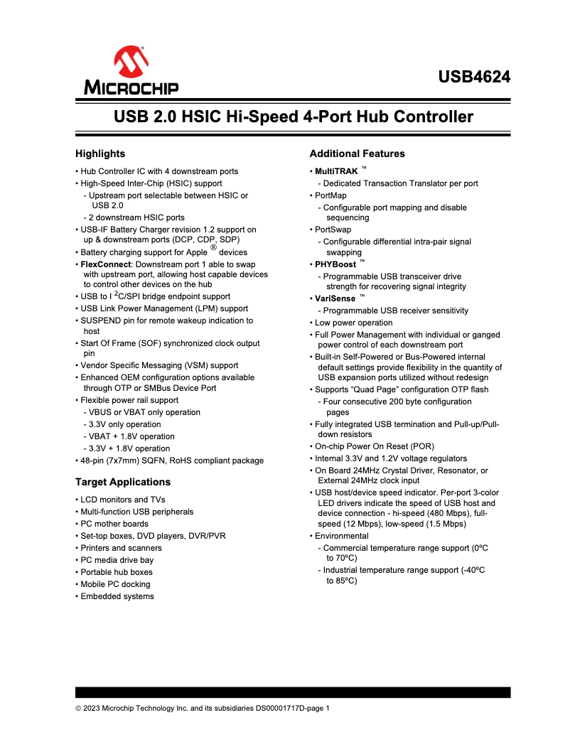 Page 1 de la notice Fiche technique Microchip USB4624