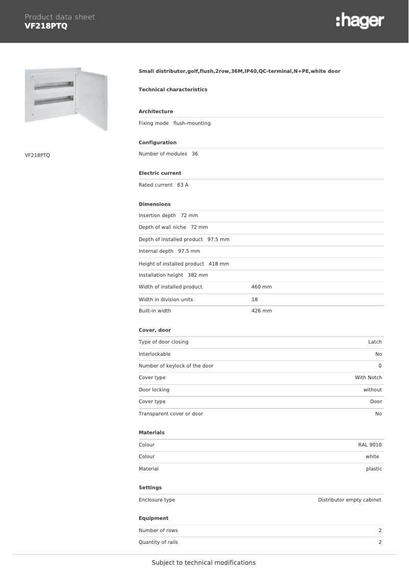 Page 1 de la notice Fiche technique Hager VF218PTQ