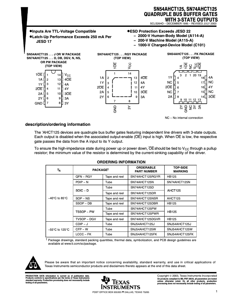 Page 1 de la notice Manuel utilisateur Texas Instruments SN74AHCT125PWR