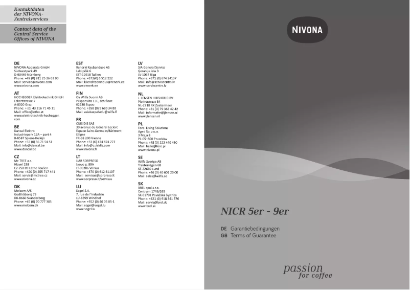 Page n°1 - Informations de garantie Nivona CafeRomatica 930