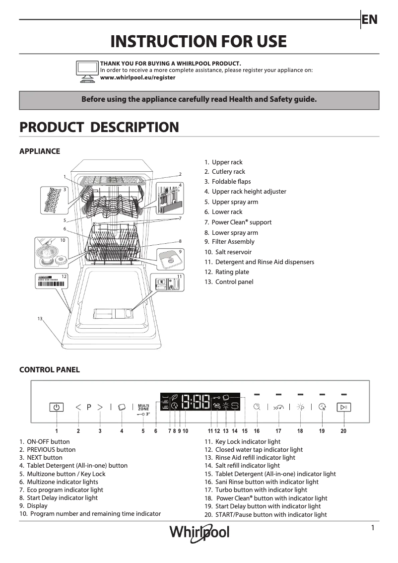 Página 1 del manual Manual de usuario Whirlpool WSFP 4O23 PF X