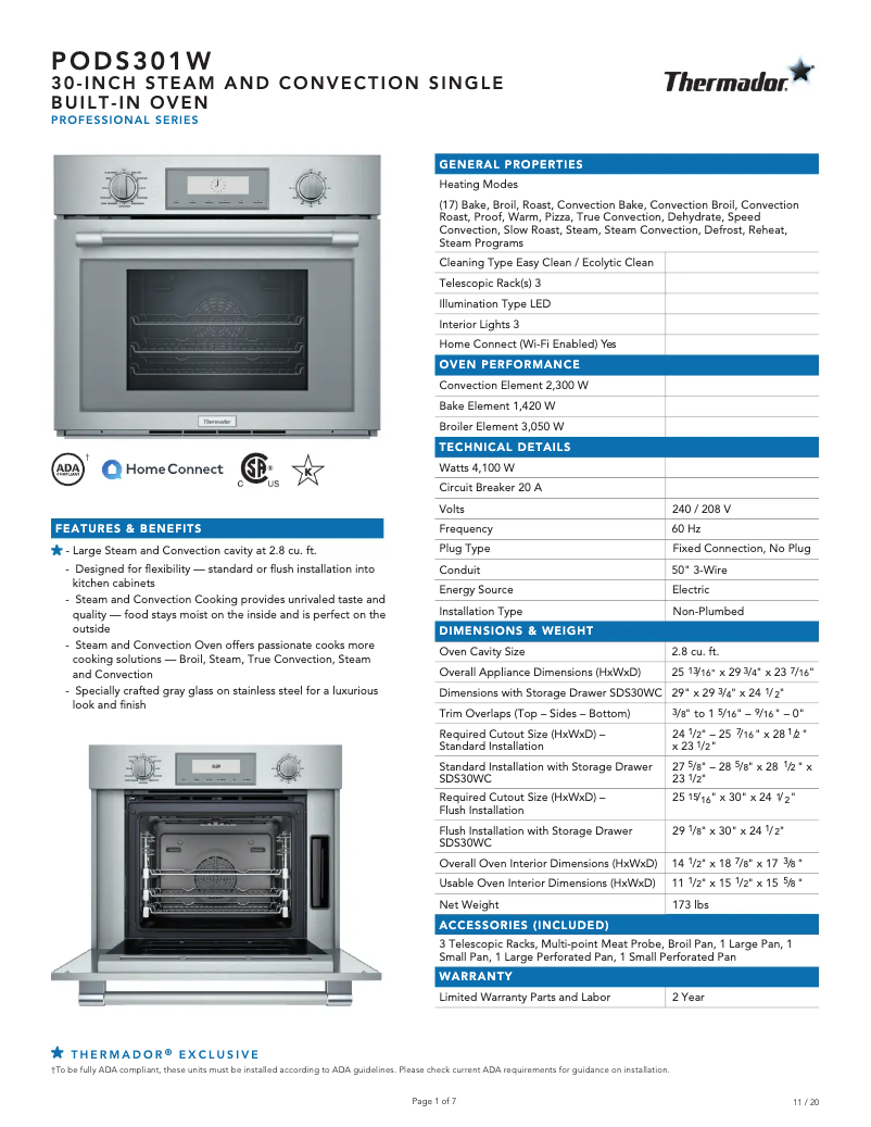 Page 1 de la notice Fiche technique Thermador Professional PODS301W