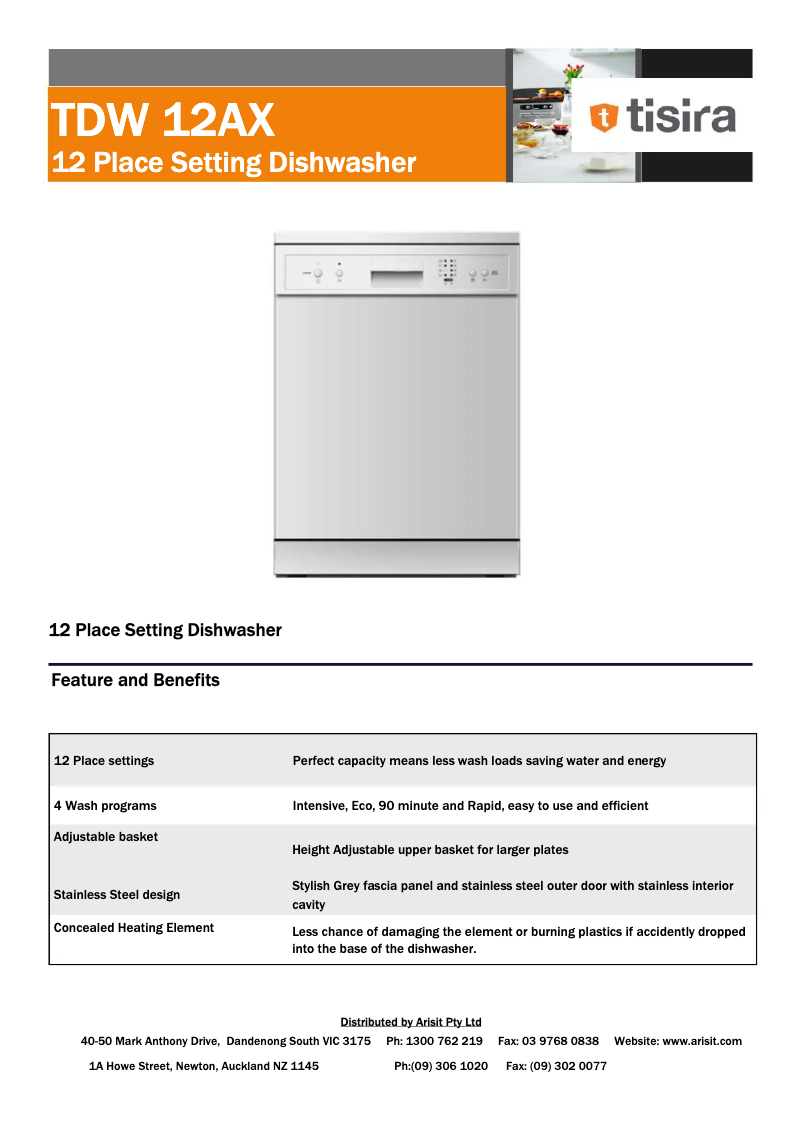Page 1 de la notice Fiche technique Tisira TDW12AX