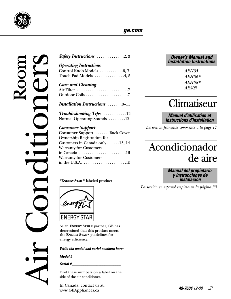 Page 1 de la notice Guide d'installation GE AEH08FM