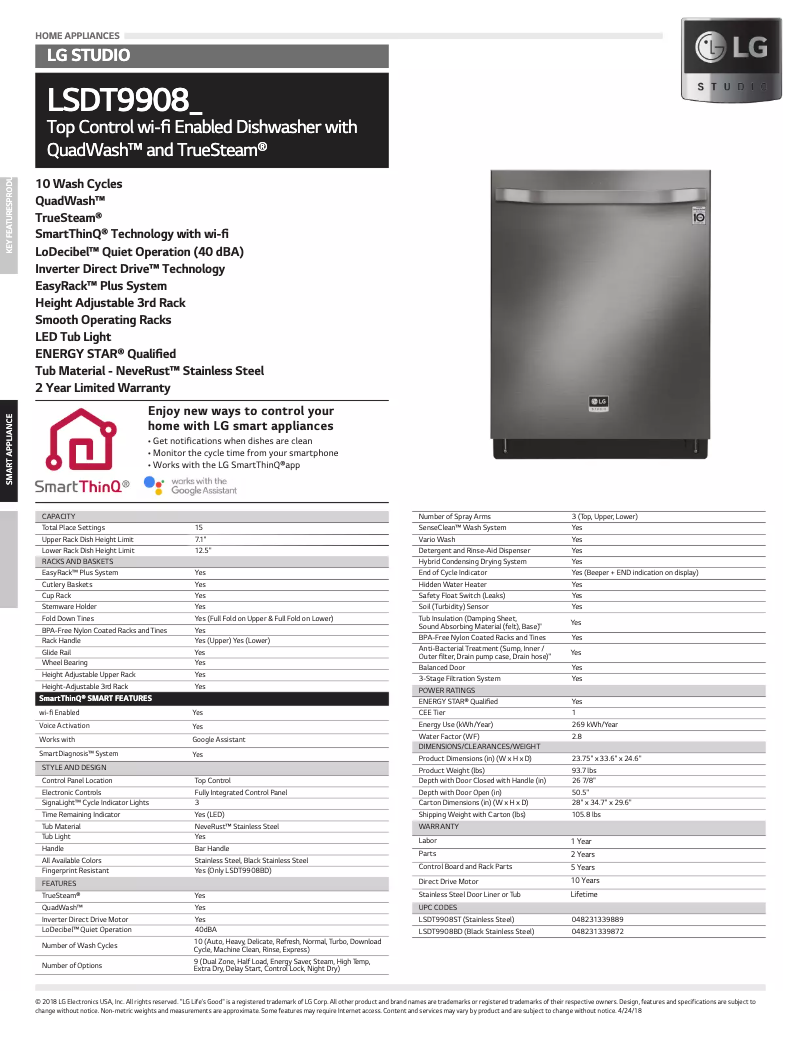Page 1 de la notice Fiche technique LG LSDT9908ST