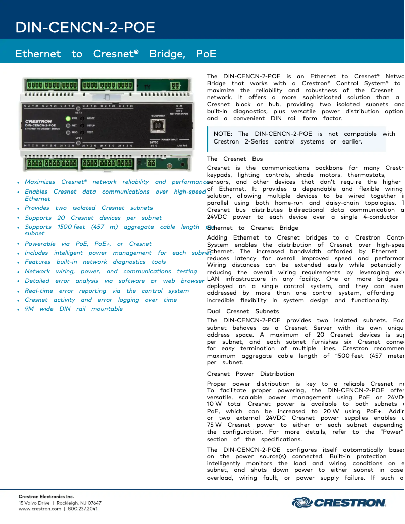 Page 1 de la notice Fiche technique Crestron DIN-CENCN-2-POE