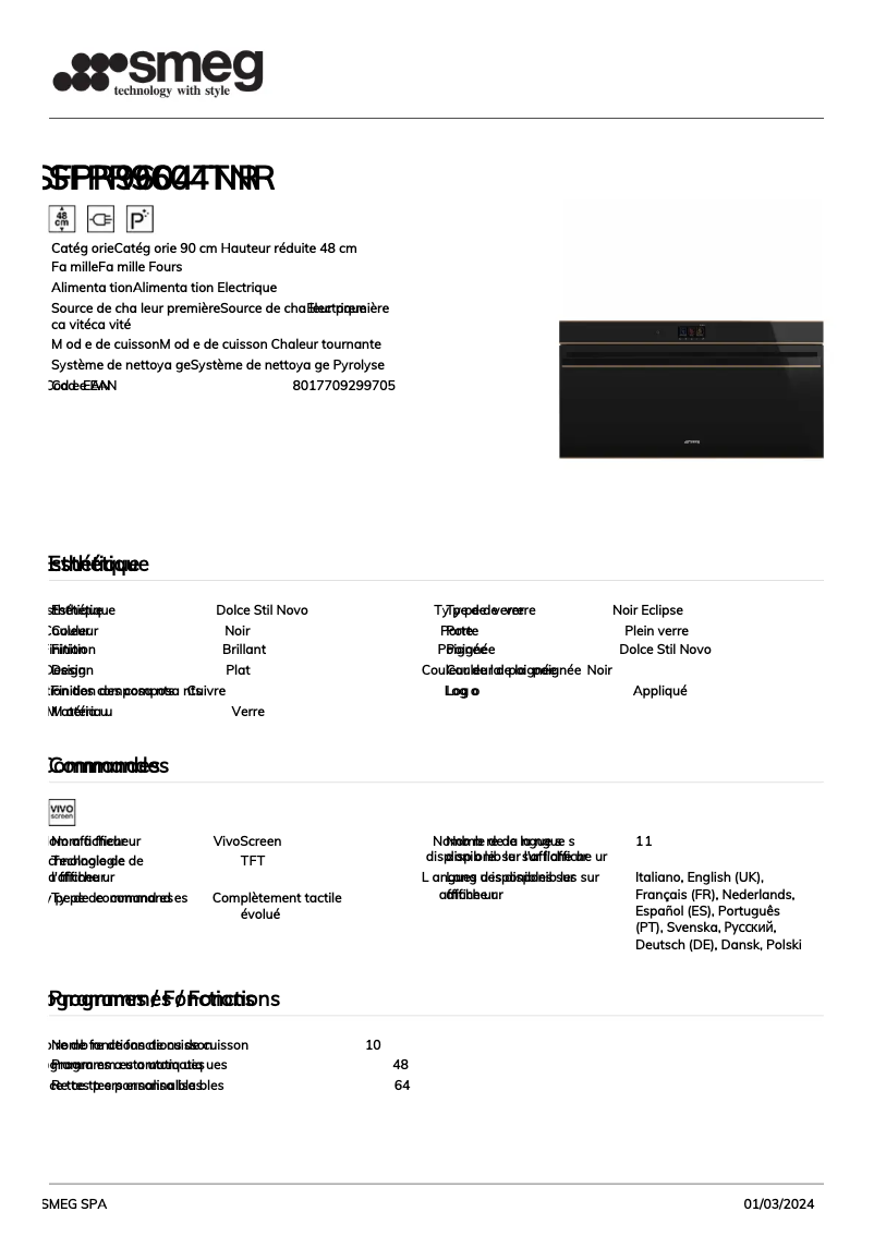 Página 1 del manual Ficha técnica Smeg SFPR9604TNR