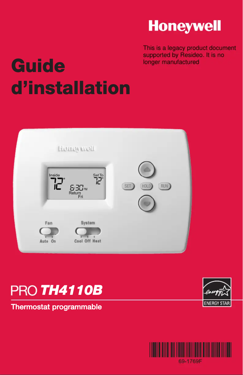 Page n°1 - Guide d'installation Honeywell TH4110B1025/U