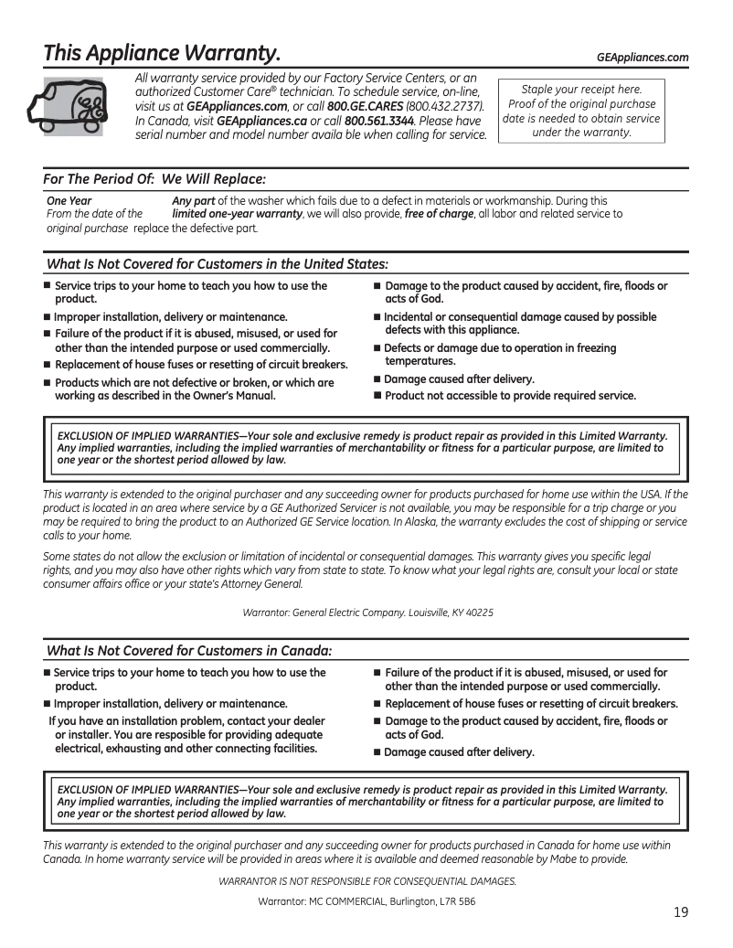 Page 1 de la notice Informations de garantie GE GUD27ESSMWW