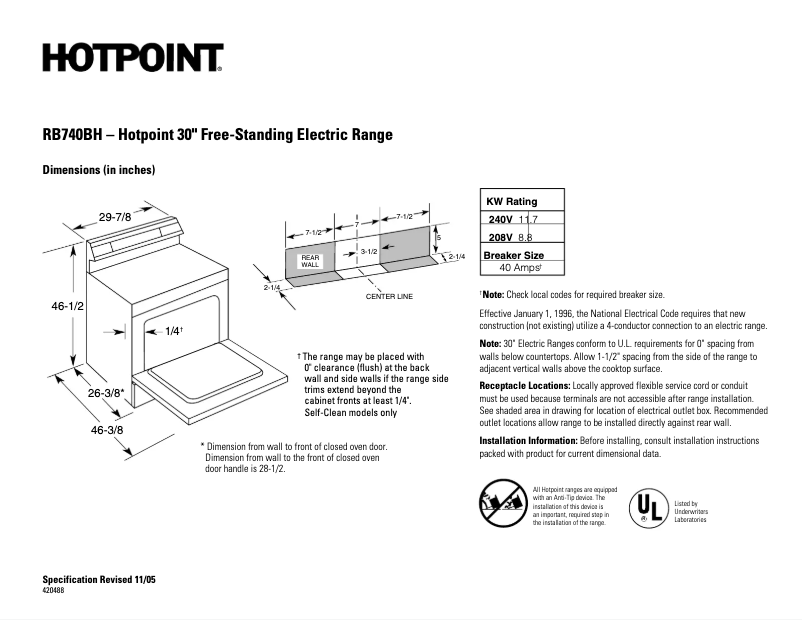 Page 1 de la notice Fiche technique Hotpoint RB740BHCT