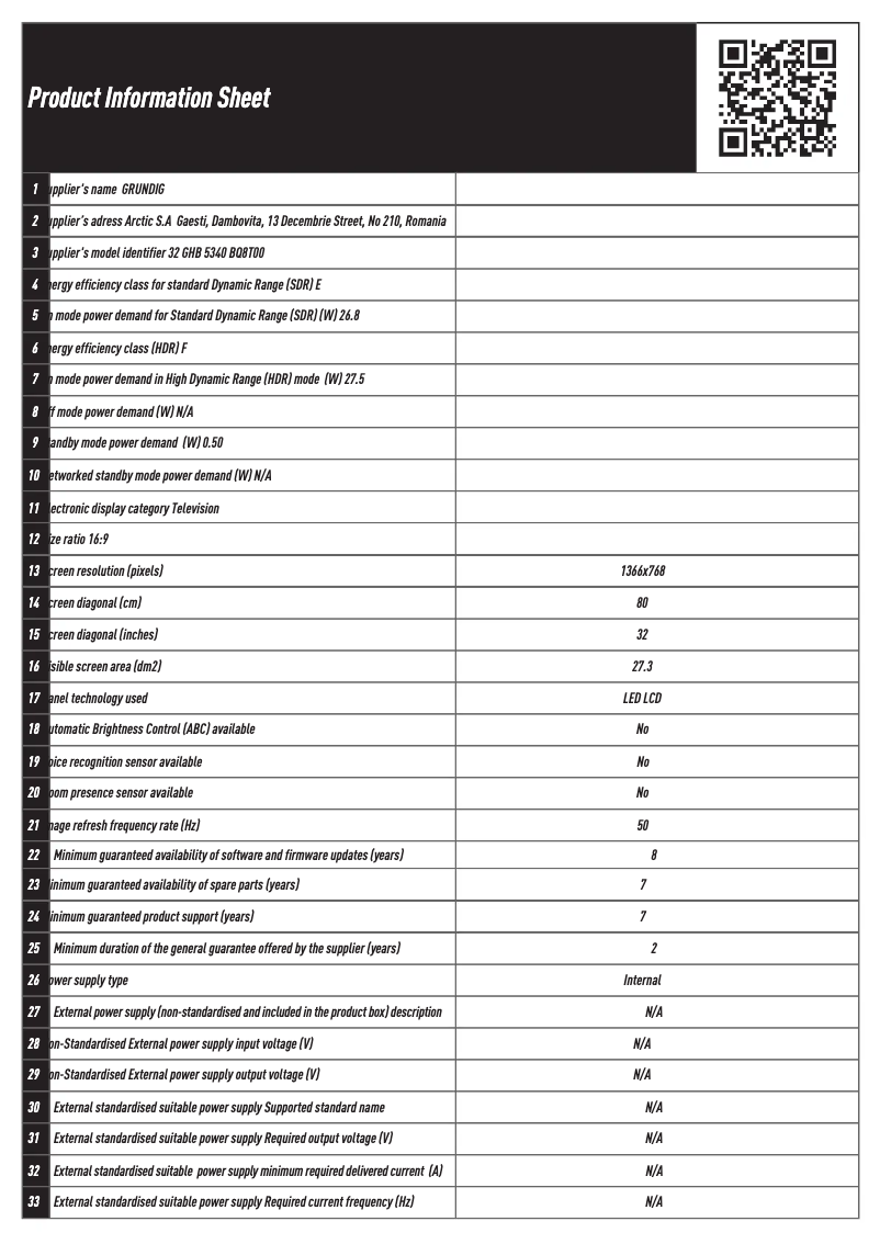 Page n°1 - Fiche technique Grundig 32 GHB 5340