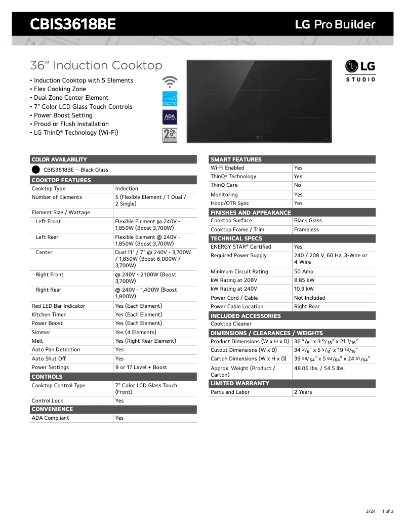 Page 1 de la notice Fiche technique LG CBIS3618BE
