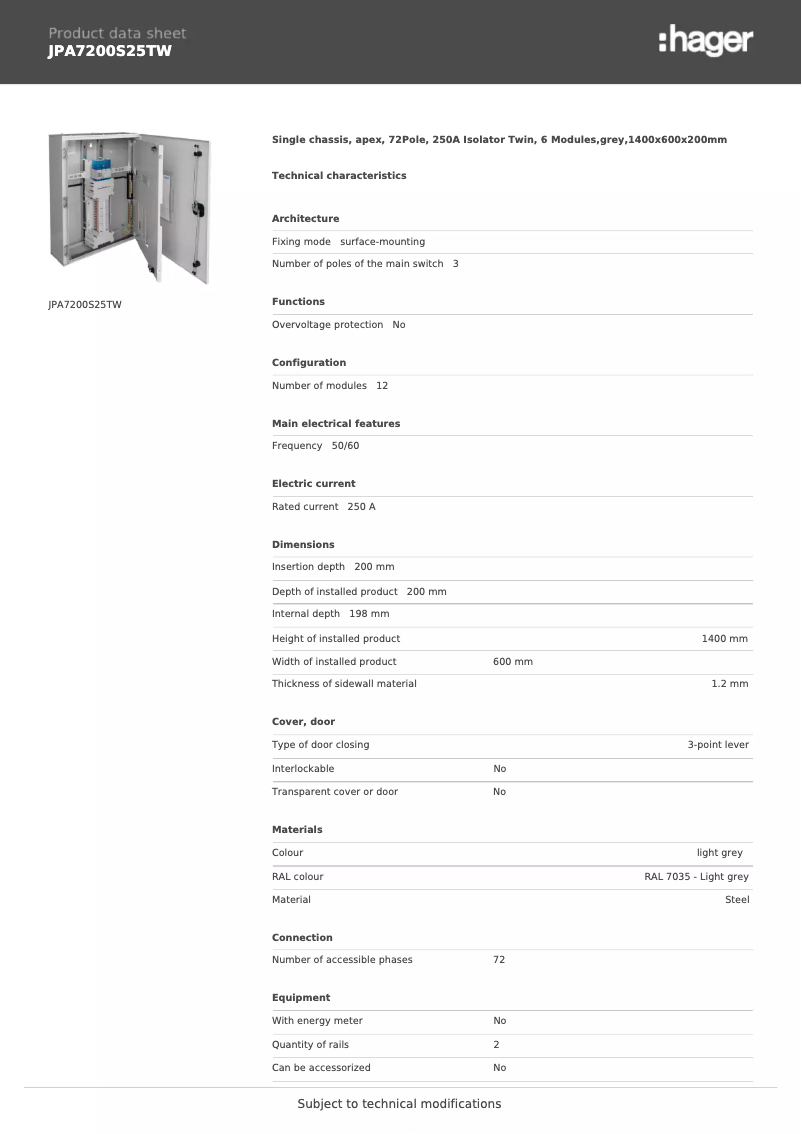 Page n°1 - Fiche technique Hager JPA7200S25TW