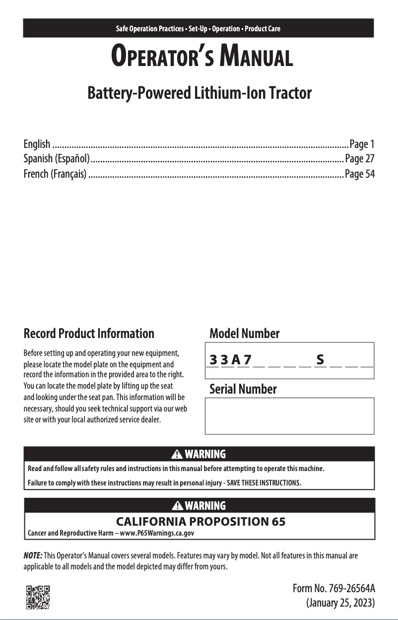 Page 1 de la notice Manuel utilisateur Troy-Bilt Super Bronco 42E XP