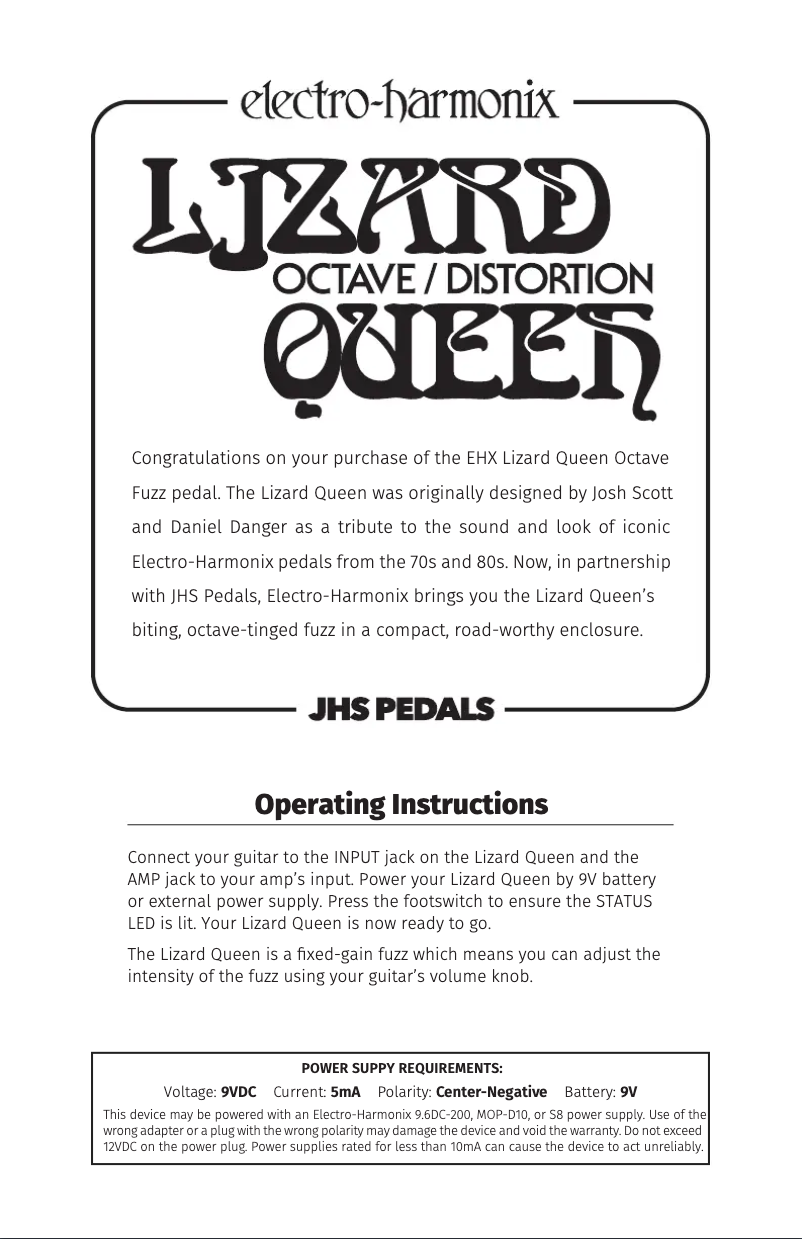 Page 1 de la notice Manuel utilisateur Electro Harmonix Lizard Queen