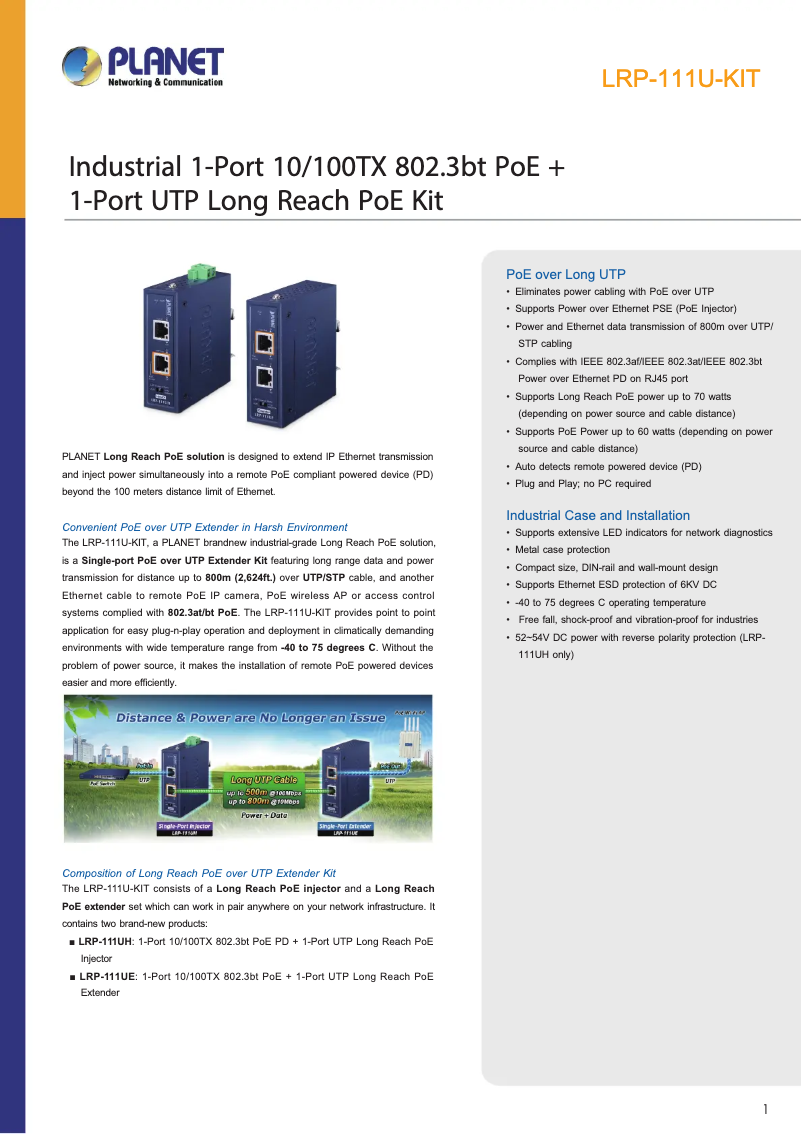 Page 1 de la notice Fiche technique Planet LRP-111U-KIT