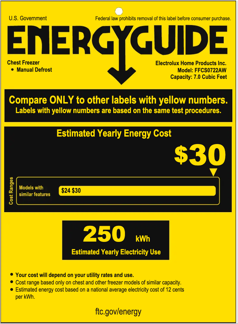 Page 1 de la notice Label énergétique Frigidaire FFCS0722AW