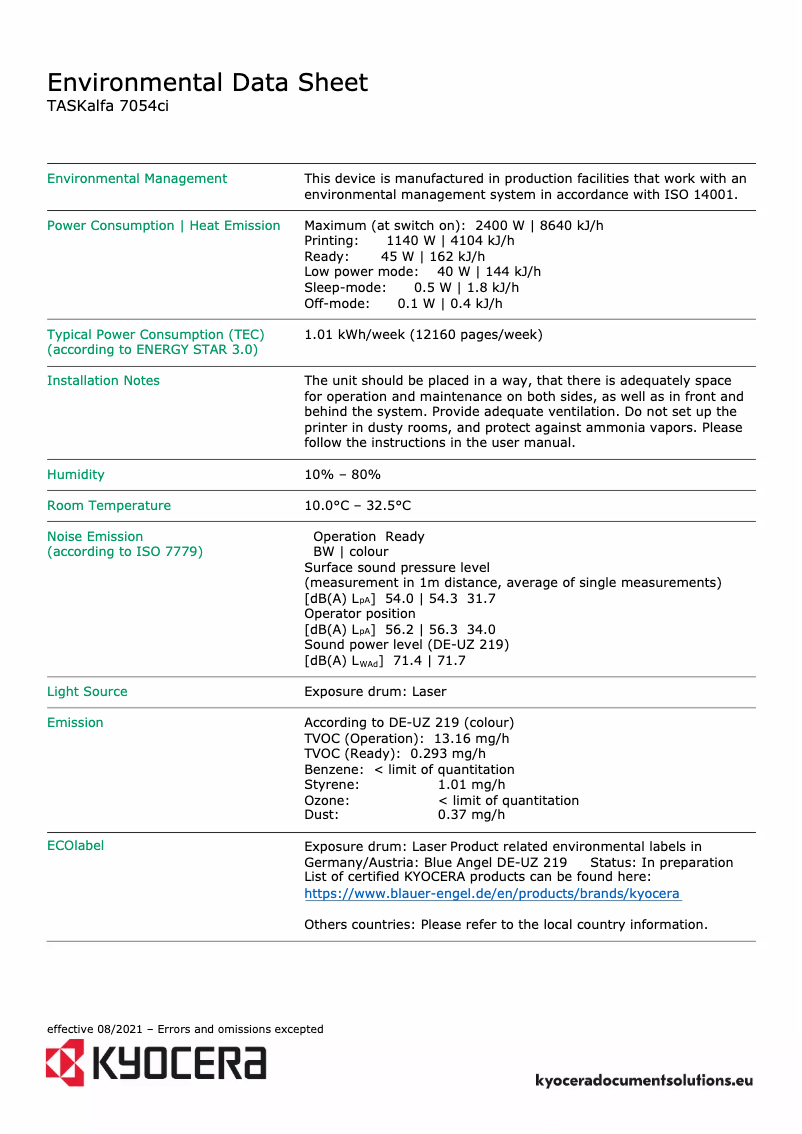 Page 1 de la notice Fiche technique Kyocera TASKalfa 7054ci