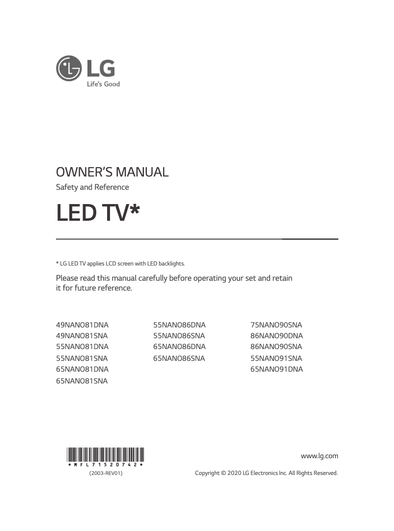 Page 1 de la notice Manuel utilisateur LG 49NANO81SNA