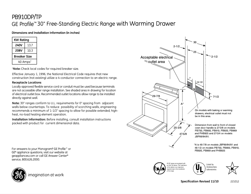 Página 1 del manual Ficha técnica GE Profile PB910TPCC