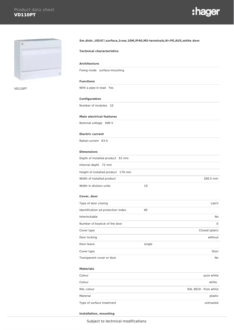 Page n°1 - Manuel utilisateur Hager VD110PT