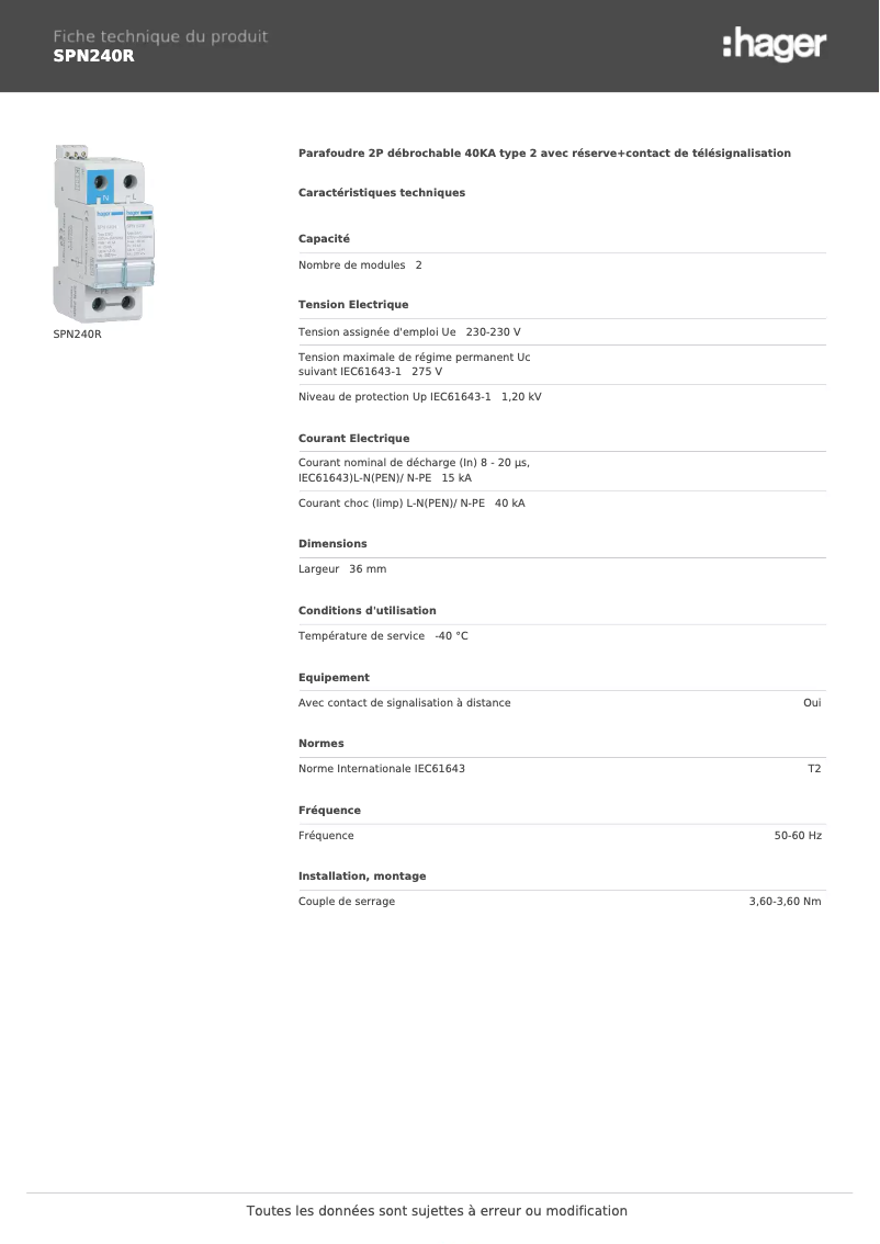 Page 1 de la notice Fiche technique Hager SPN240R