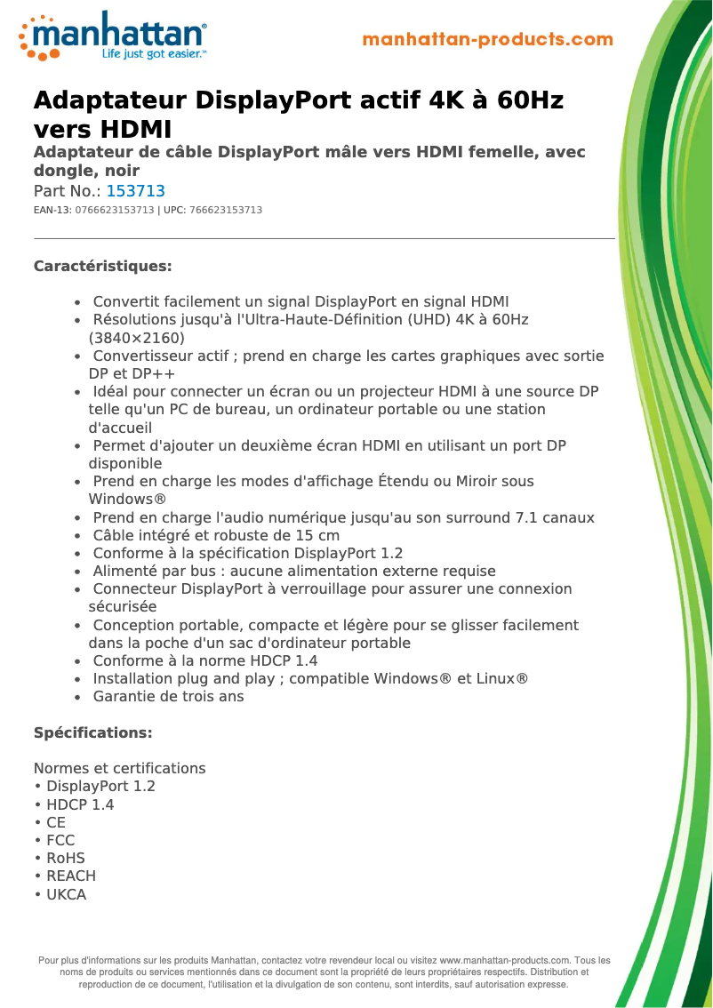 Page 1 de la notice Fiche technique Manhattan 153713