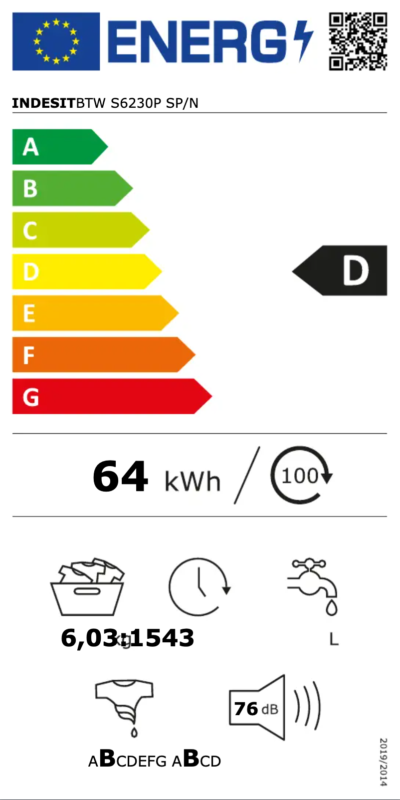 Page 1 de la notice Manuel utilisateur Indesit BTW S6230P SP/N