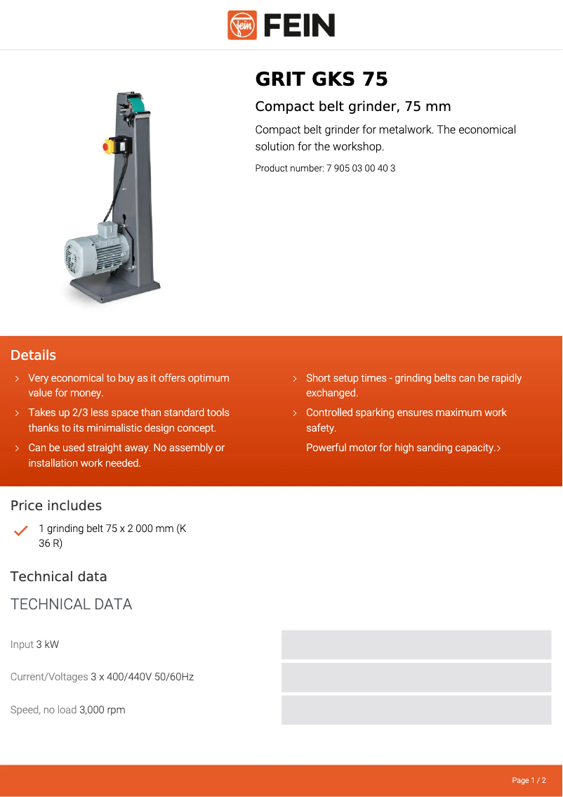 Page n°1 - Fiche technique Fein GRIT GKS 75