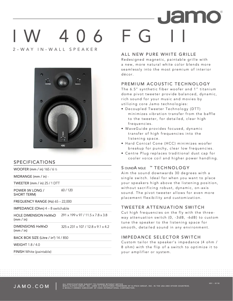 Page 1 de la notice Fiche technique Jamo IW 406 FG II