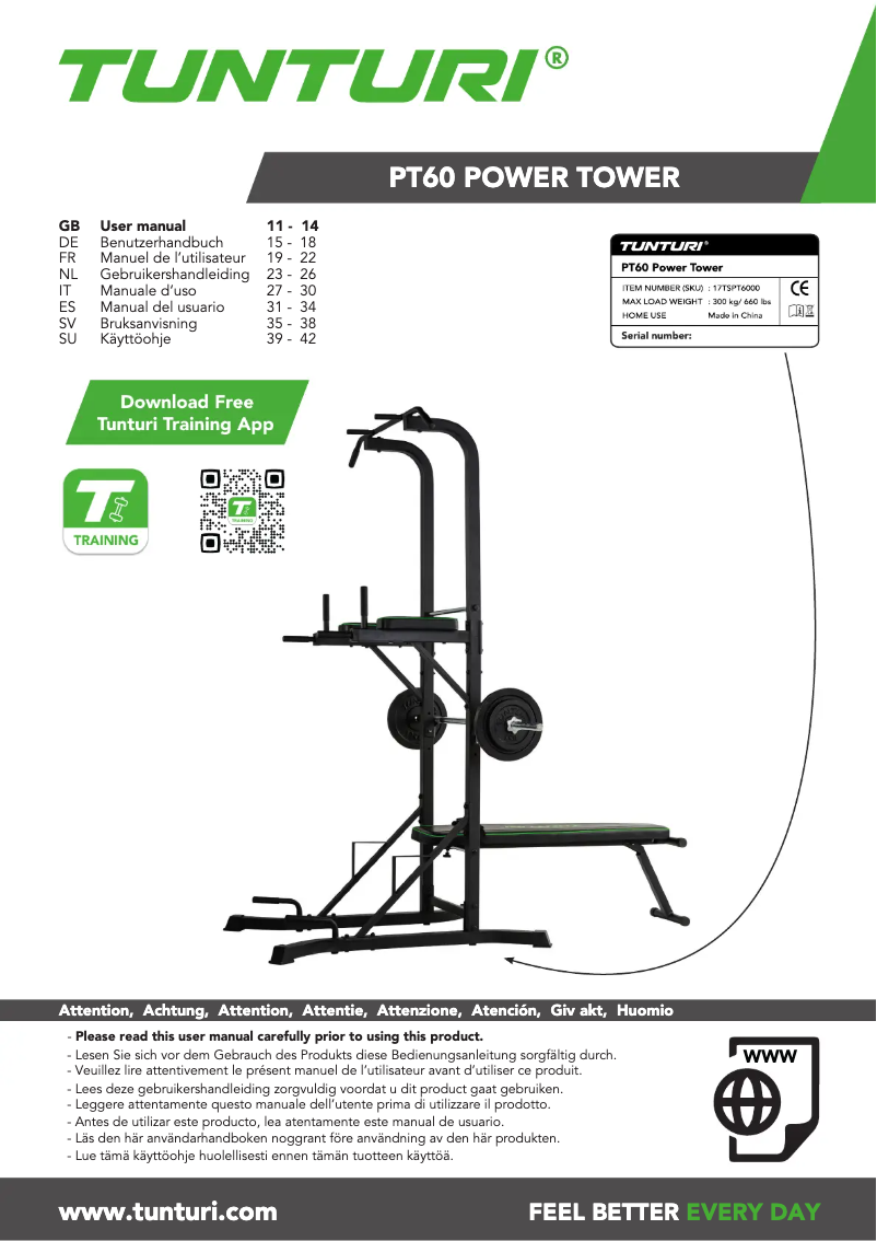 Page 1 de la notice Manuel utilisateur Tunturi Power Tower PT60