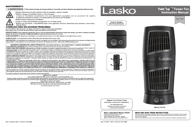 Page 1 de la notice Manuel d'utilisation et d'entretien Lasko Twist Top 4911