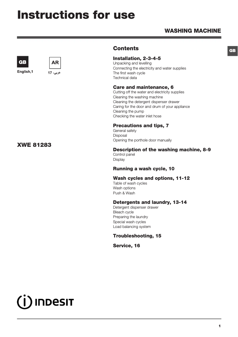 Page 1 de la notice Manuel utilisateur Indesit XWE 81283X S EX